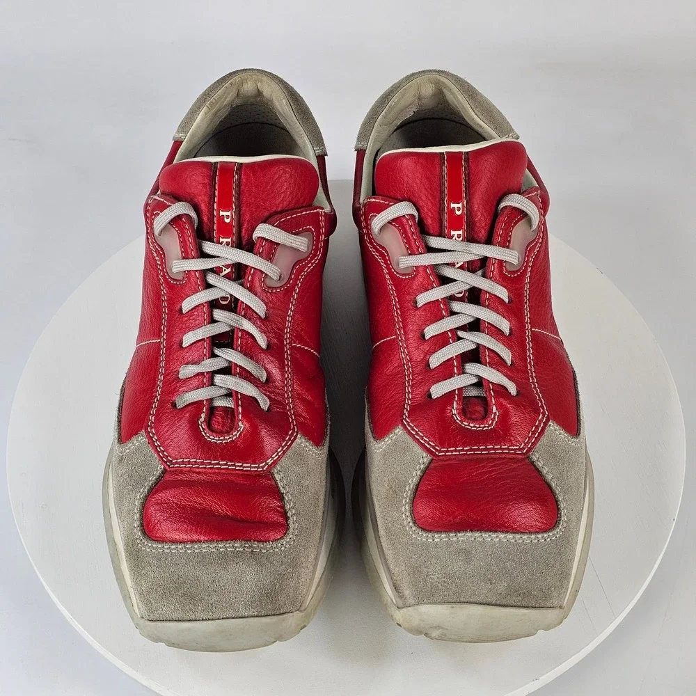 Vintage Prada Americas Cup Red Leather Grey Suede Sneakers E2003 39 Womens